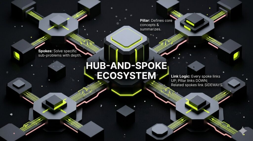 A hub-and-spoke diagram illustrating the internal linking flow required between pillar pages and supporting content to compound topical authority.