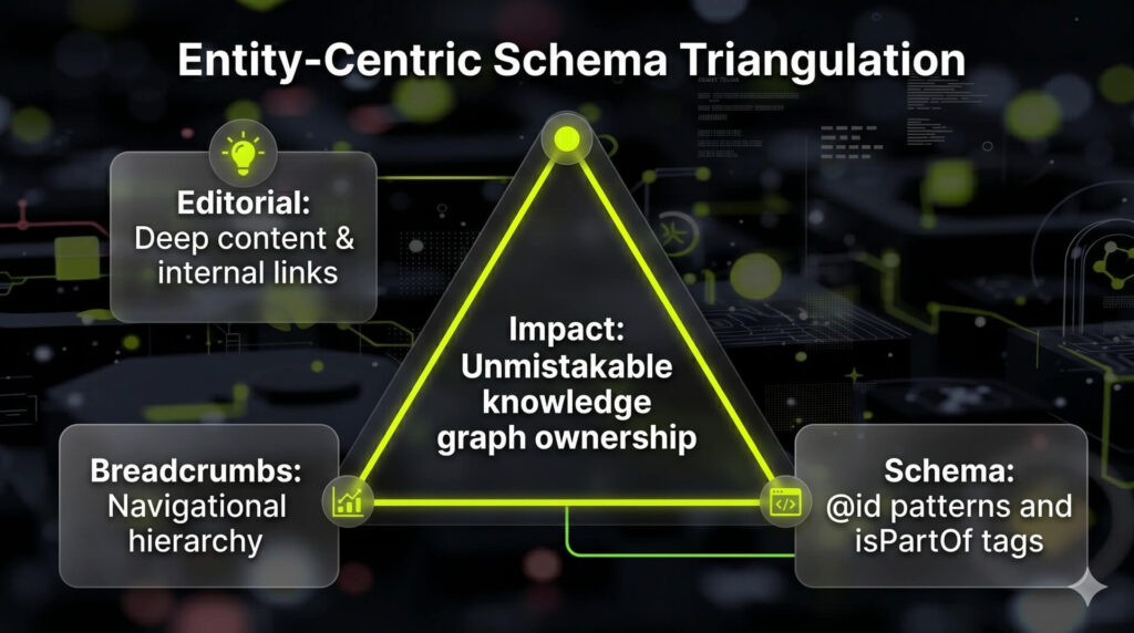A technical diagram showing the triangulation of editorial content, breadcrumbs, and schema to reduce entity ambiguity for AI crawlers.