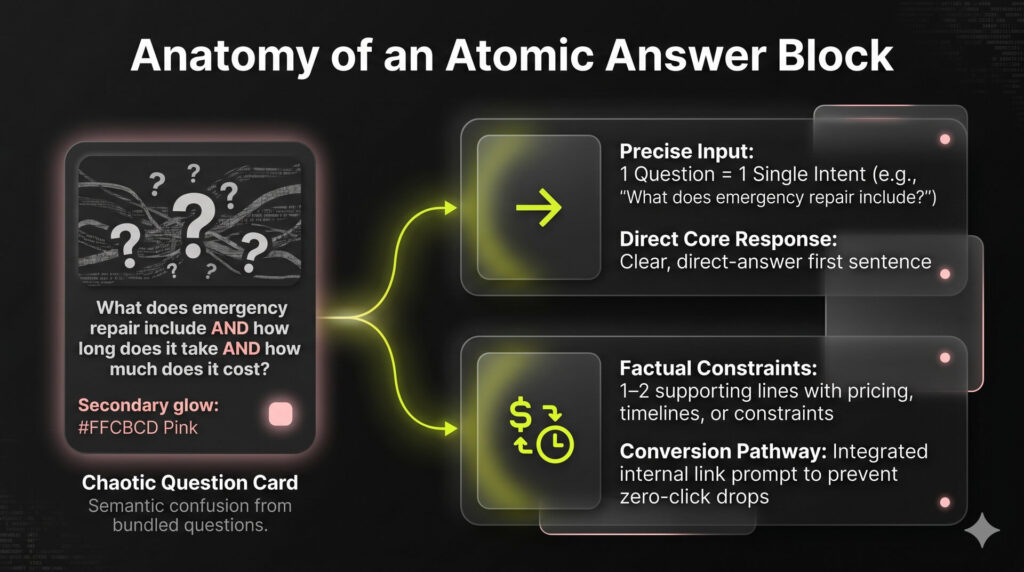 Diagram illustrating a disorganized data block split into clean, modular atomic cards featuring standalone questions and concise responses.