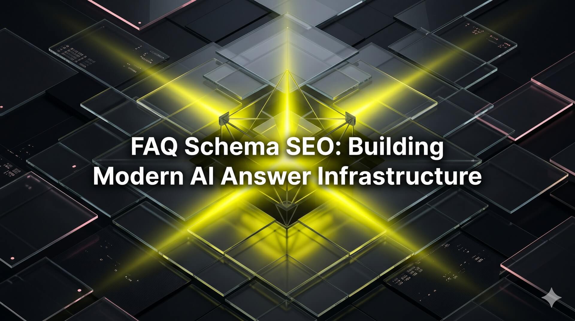Premium abstract neumorphic design showing a central glowing node illuminating structured glass plates over a dark layout. Text reads: FAQ Schema SEO: Building Modern AI