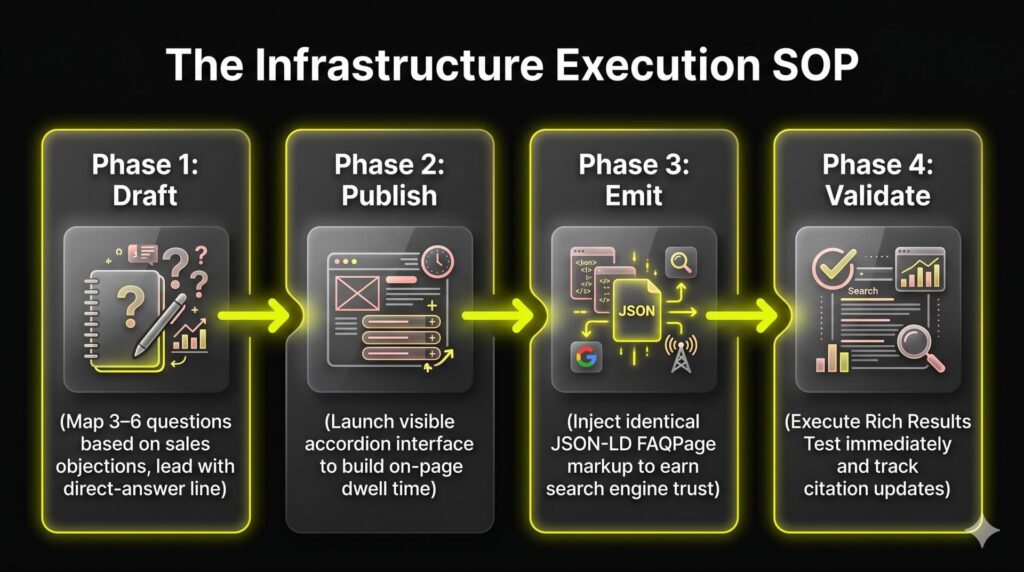 Horizontal workflow matrix breaking down the 4-step FAQ standard operating procedure into Draft, Publish, Emit, and Validate phases.