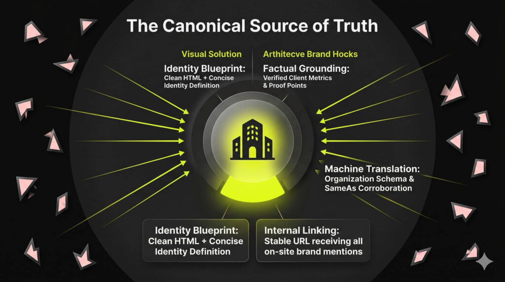 Infographic showing scattered data streams consolidating into a single central hub labeled Canonical Entity Home with schema and proof points.