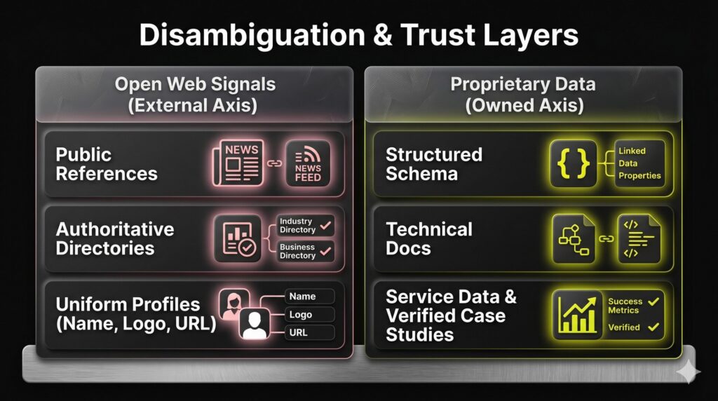 Two-column balance infographic dividing entity signals into external open web components and internal proprietary data infrastructure.
