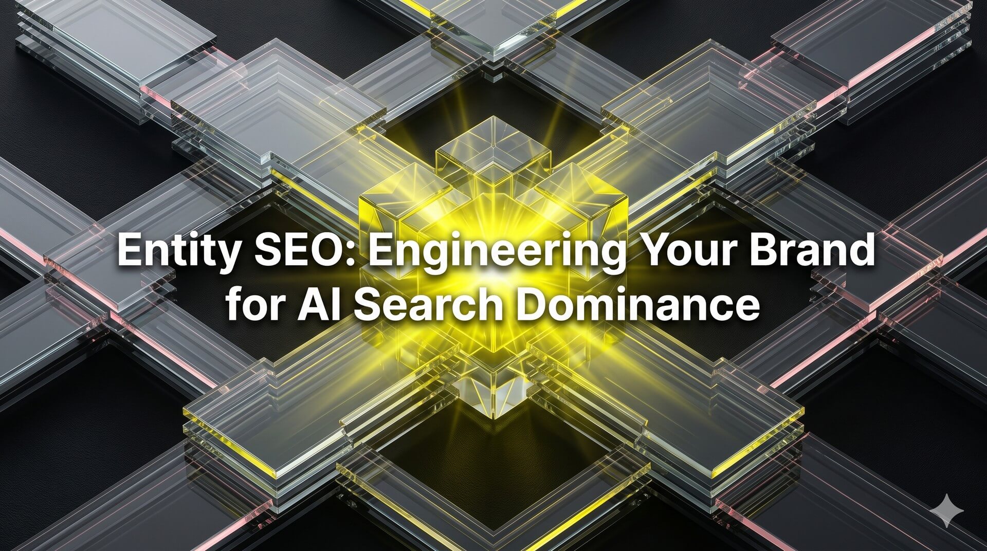 Abstract premium neumorphic layout of intersecting glass plates and a sharp glowing central node symbolizing a knowledge graph. Text reads: Entity SEO: Engineering Your Brand for AI Search Dominance.