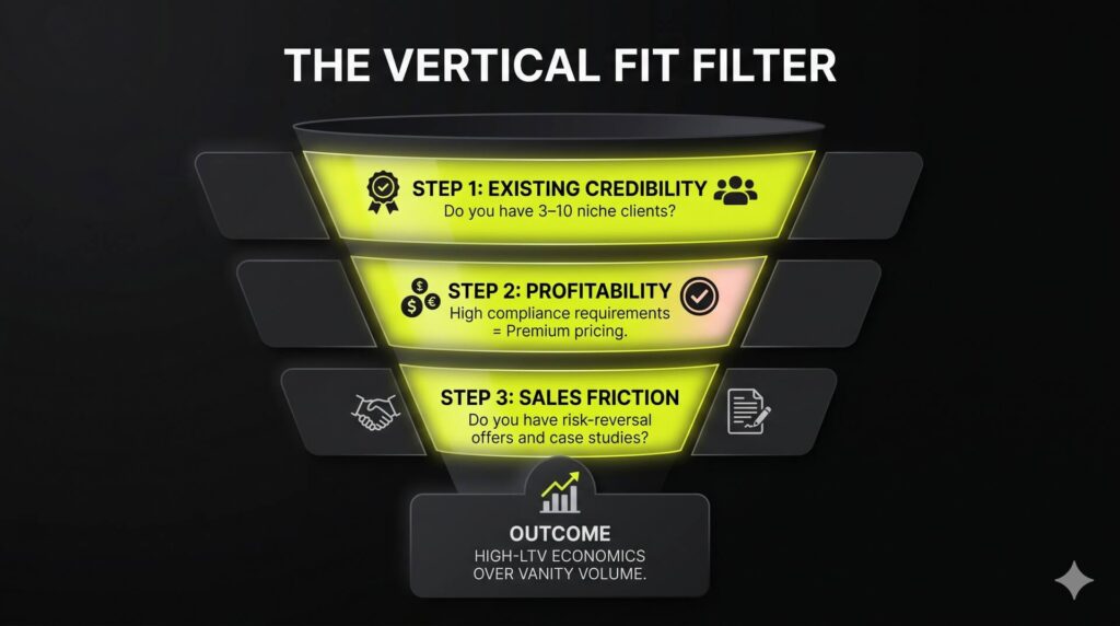 A three-step filter infographic for MSP vertical strategy. It lists Existing Credibility, Profitability, and Sales Friction as the three tests before committing to a niche marketing strategy.