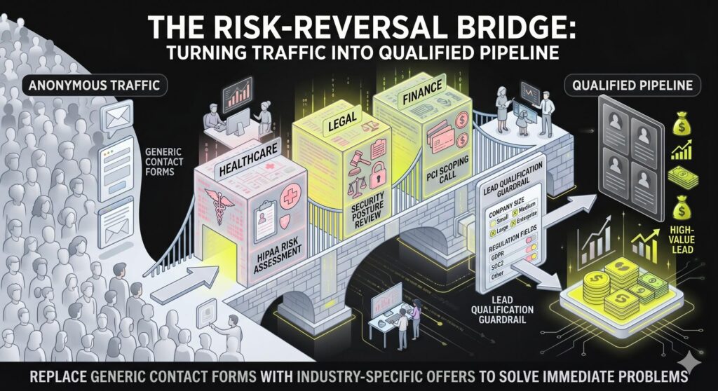 A visual bridge labeled Risk-Reversal Offers. It shows specialized entry points for healthcare, legal, and finance firms that lead from web traffic to a qualified sales pipeline.