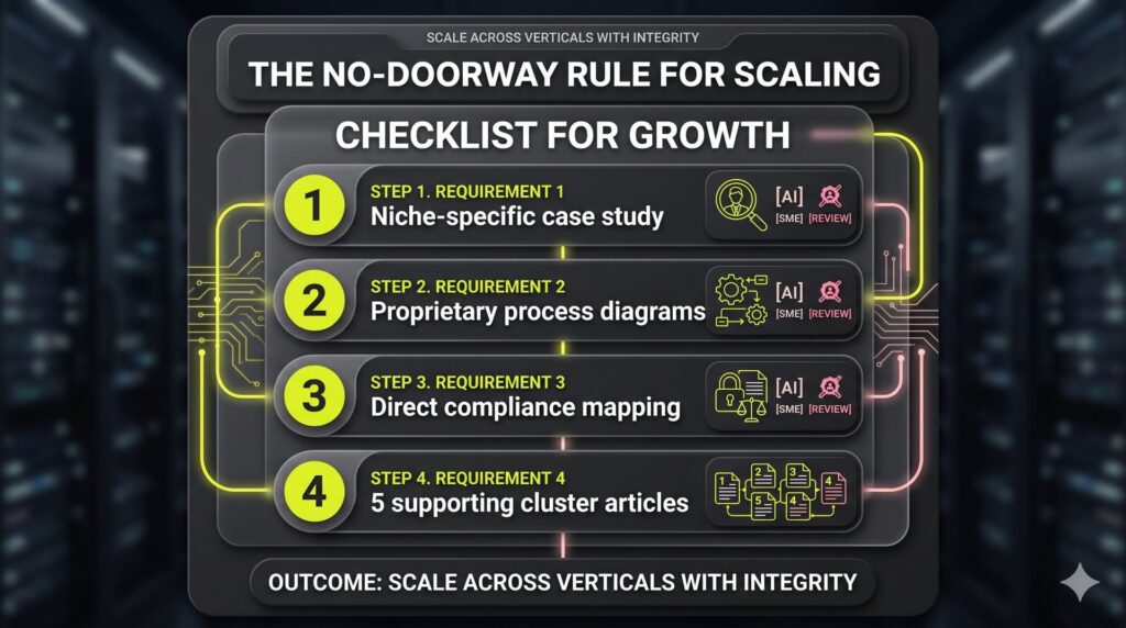 A scaling checklist titled The No-Doorway Rule. It specifies that every new vertical page must have unique case studies, process diagrams, and compliance mappings to avoid search penalties.
