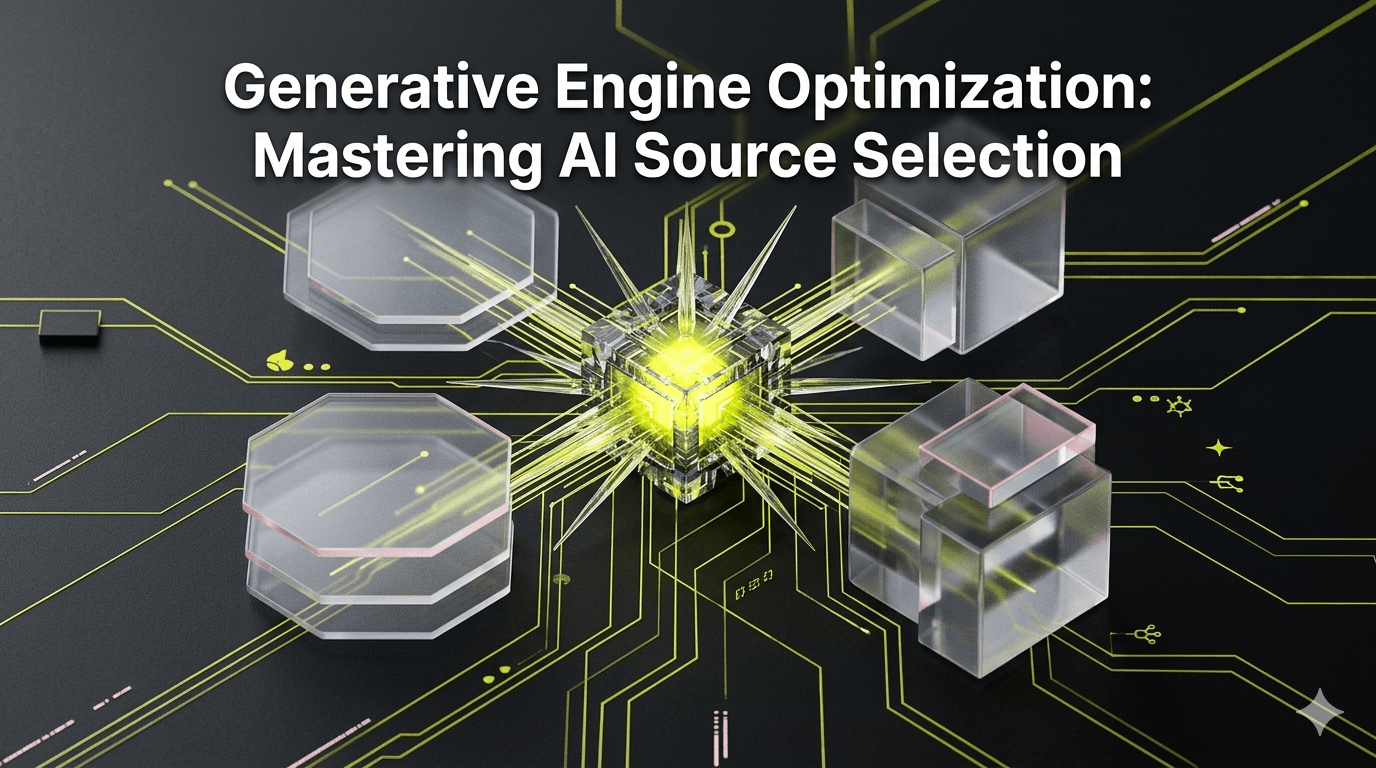 Abstract digital node with glowing lines and layered glass shapes on a dark background. Text reads: Generative Engine Optimization.