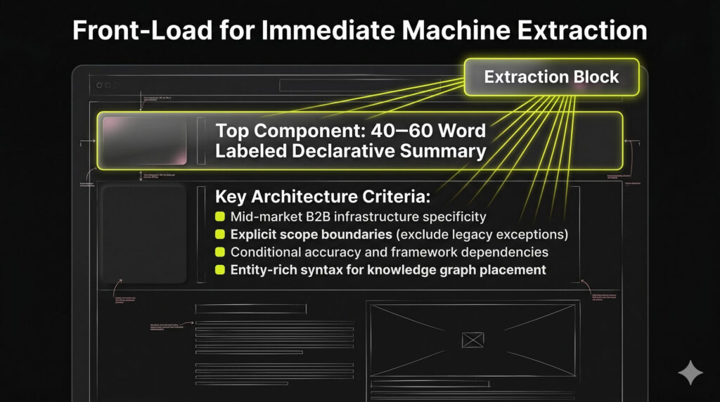 A webpage blueprint infographic highlighting a top-positioned, 40-60 word declarative answer block optimized for AI crawler extraction.