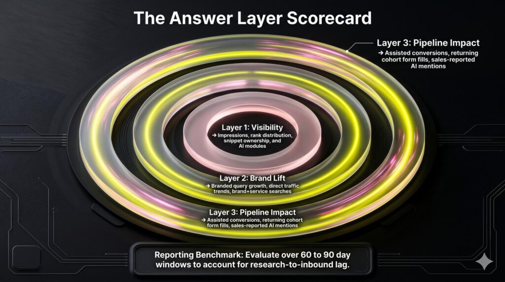 A three-tiered scorecard framework illustration highlighting visibility, brand lift, and pipeline metrics for zero-click SEO tracking over a 60-90 day window.