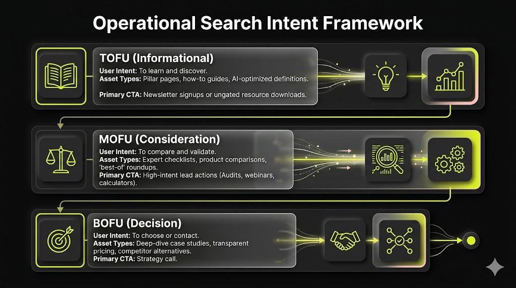 A structural three-tiered infographic block mapping out TOFU, MOFU, and BOFU stages by user intent, asset deployment types, and specific calls-to-action.