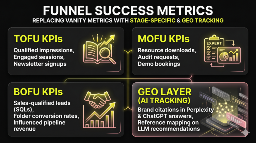 A matrix infographic layout presenting specific performance indicators for TOFU, MOFU, and BOFU stages alongside a modern GEO tracking layer.