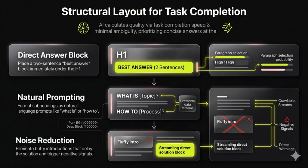 A vertical process layout infographic illustrating how to format a web page with a direct answer block and natural subheadings for fast AI retrieval.