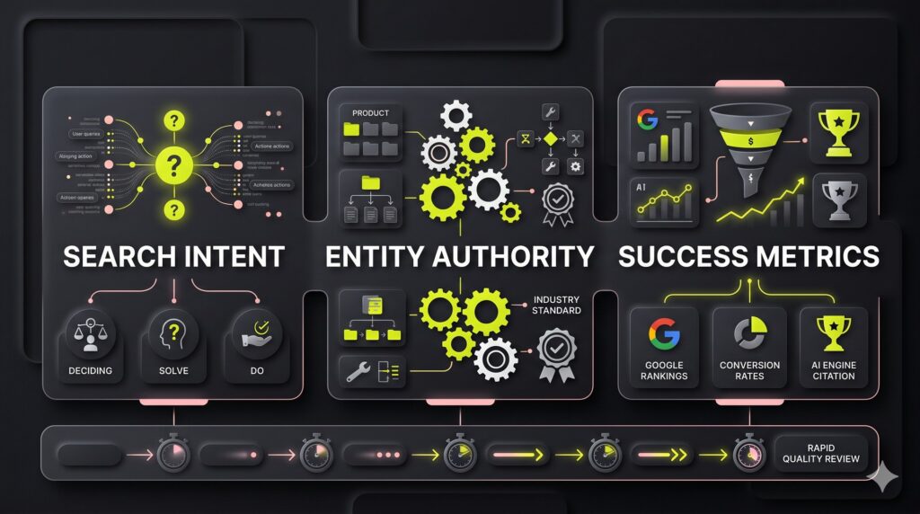 Three-pillar infrastructure blueprint infographic mapping intent, entity authority parameters, and an validation gate checklist using clean neumorphic cards.
