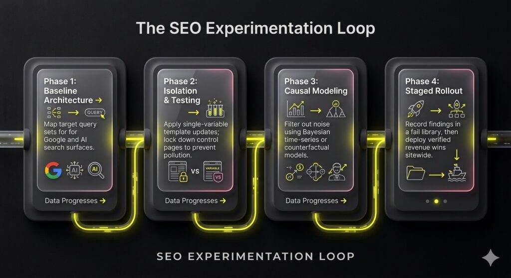 Four-stage framework pipeline infographic charting an enterprise SEO experimentation workflow using premium neumorphic design blocks.