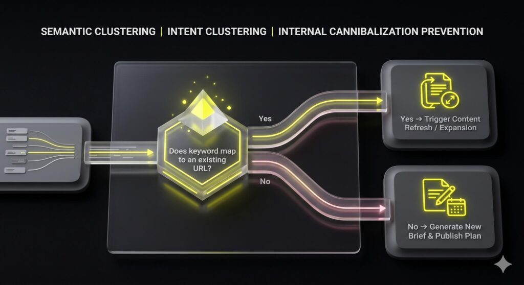 Logical decision flow infographic mapping keyword mapping options to either a content refresh or a new build plan using premium minimalist elements.