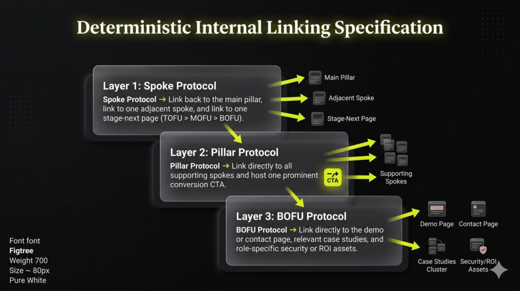 A downward vertical sequence cascade diagram showing three stacked rectangular panels with structured directional arrows pointing to specific internal link destinations.