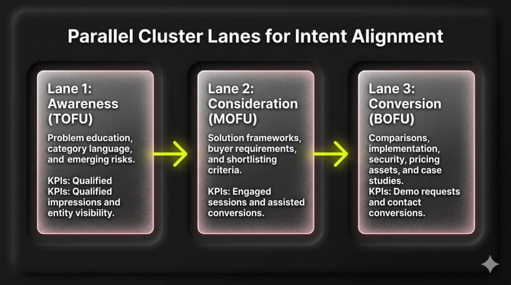 Horizontal process flowchart mapping the three parallel intent lanes of Top-of-Funnel, Middle-of-Funnel, and Bottom-of-Funnel search strategy.