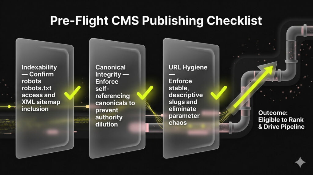 A technical workflow diagram showing three vertical steps representing Indexability, Canonical Integrity, and URL Hygiene as a required pre-flight checklist for publishing assets.