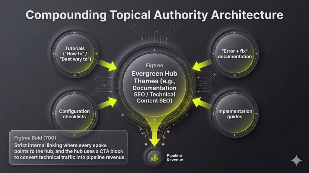 A clean hub-and-spoke infographic showing how documentation tutorials, error fixes, and configuration checklists link back to a main authority hub containing a conversion path.