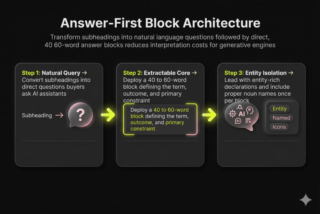 A horizontal three-step structural infographic mapping out natural language page architecture from query formatting to entity isolation.