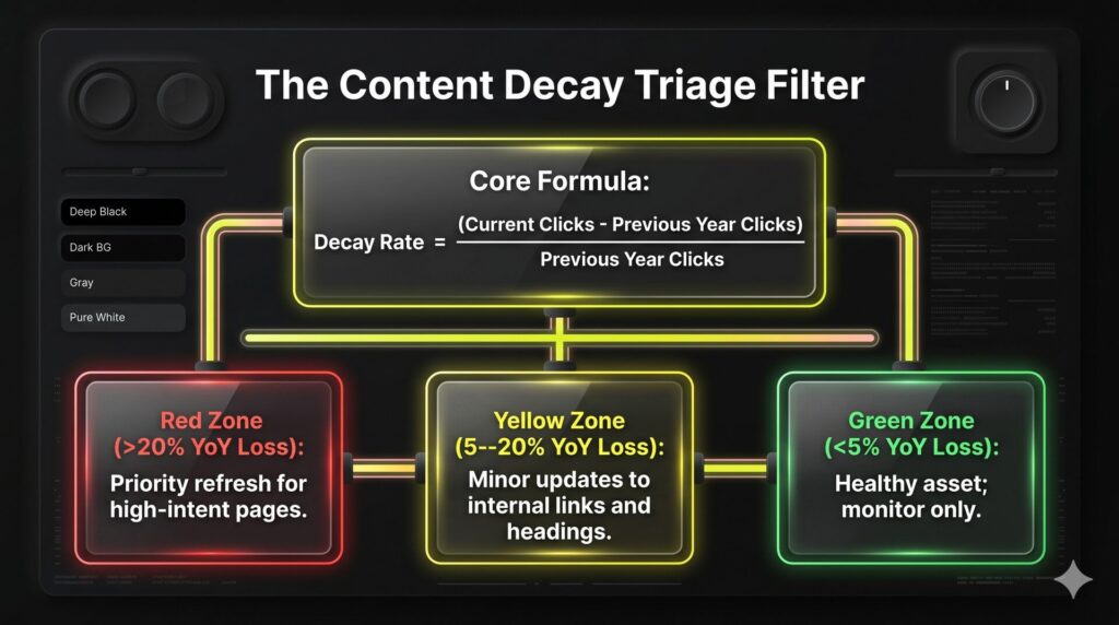 An infographic illustrating the content decay triage filter using the YoY click formula to categorize pages into Red, Yellow, and Green priority zones.