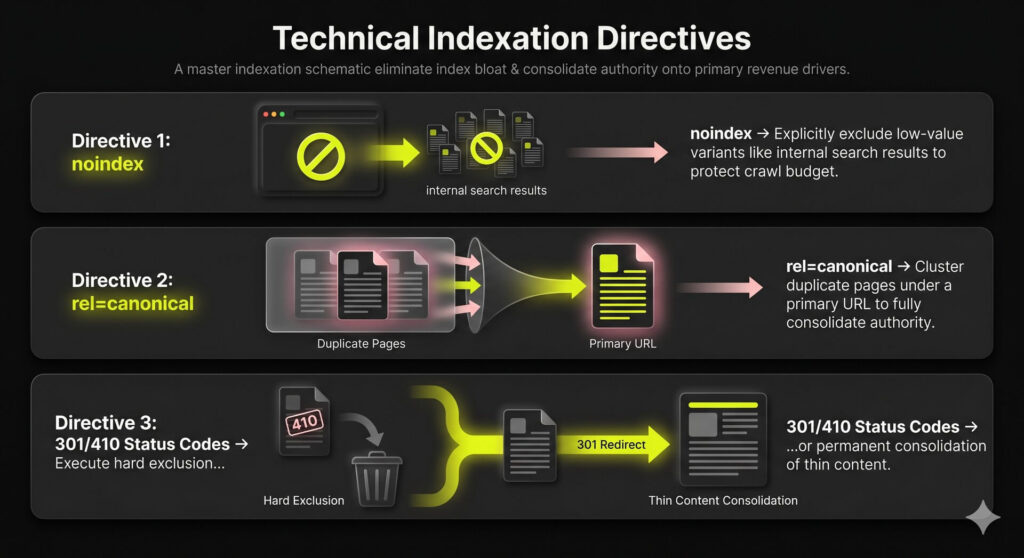 Multi-layered architectural stack infographic detailing the structured execution of noindex, canonical, and 301/410 status code directives.