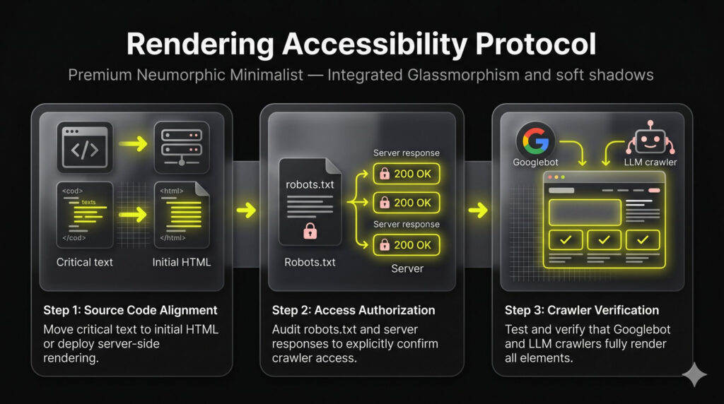 Chronological horizontal workflow detailing technical controls for initial HTML, robots.txt auditing, and crawler rendering validation.