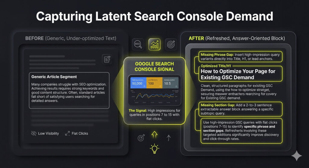Side-by-side comparison infographic showing a text paragraph upgraded with prominent phrase additions and extractable answer blocks based on GSC insights.