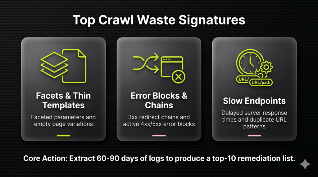 A horizontal three-part card infographic highlighting common server log crawl waste patterns including faceted parameters, redirect chains, and slow endpoints on a dark background.