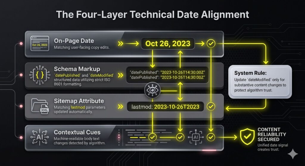 Multi-layered architectural stack infographic detailing the four-layer technical date alignment required to protect algorithm and crawler trust.