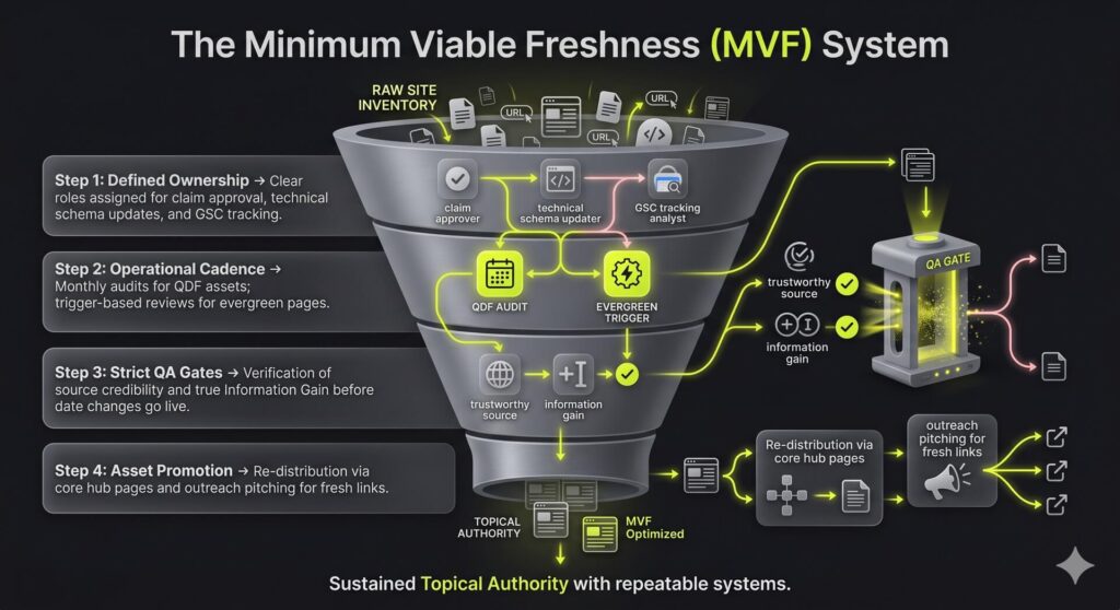 Multi-tier neumorphic funnel diagram tracking the four stages of a systematic Minimum Viable Freshness (MVF) program to scale topical authority.
