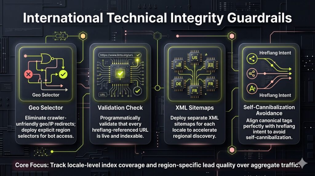 Linear stacked chart infographic presenting technical configuration rules and hreflang guardrails for international search engine deployment.