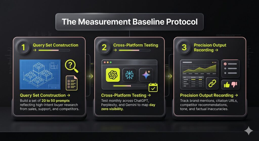 A horizontal three-panel process infographic illustrating the steps to establish an AI search measurement baseline, tracking from query building to cross-platform testing and precision recording.