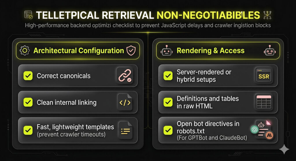 A technical checklist infographic displaying retrieval infrastructure non-negotiables, split between architectural configurations and rendering/access protocols.