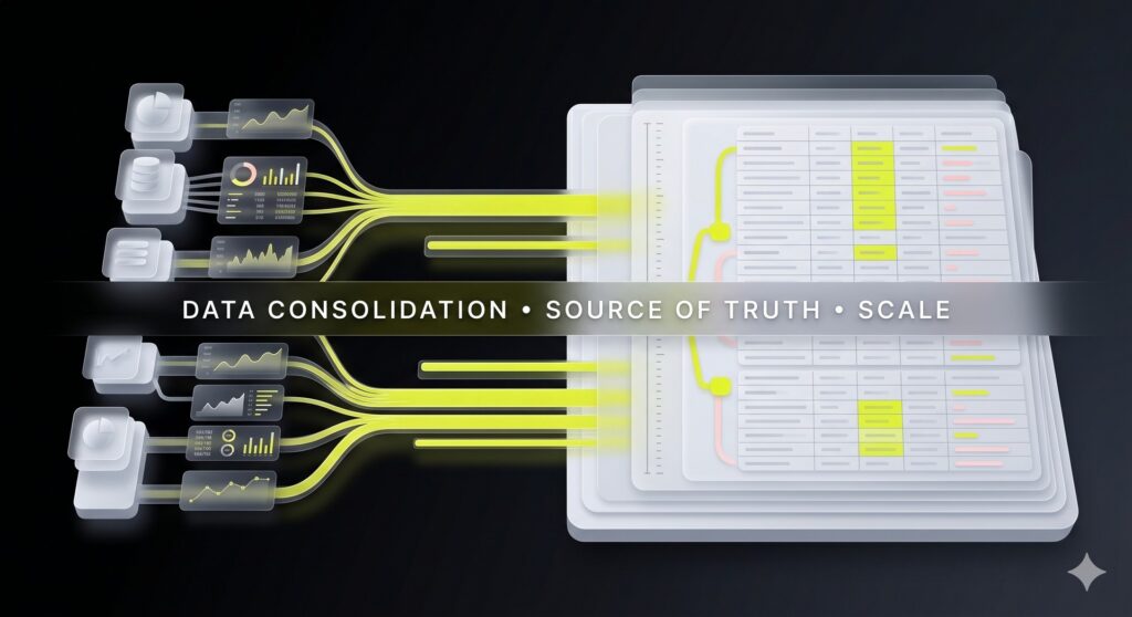 Stack diagram infographic mapping technical search platform inputs to a centralized data foundation table.