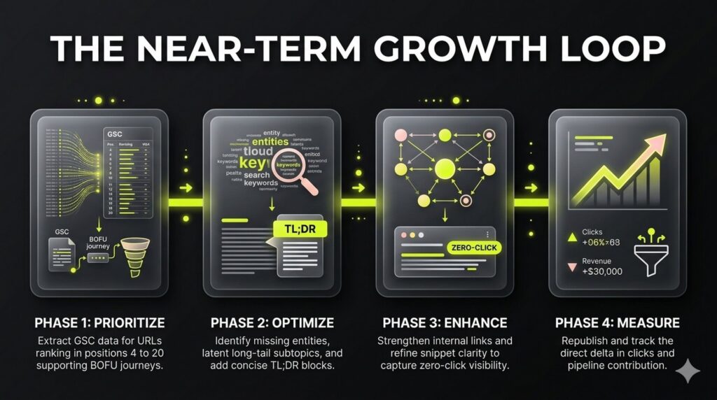 Four-stage framework pipeline infographic charting an enterprise content refresh loop using premium neumorphic design blocks.