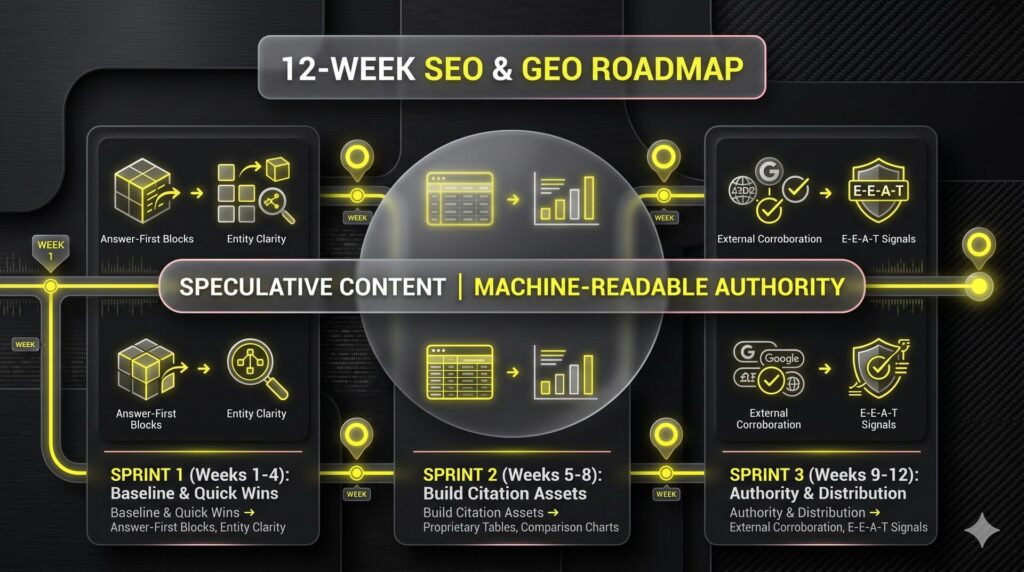 Horizontal timeline chart mapping out the three operational sprints of a 12-week SEO and GEO execution framework using clean glassmorphic components.