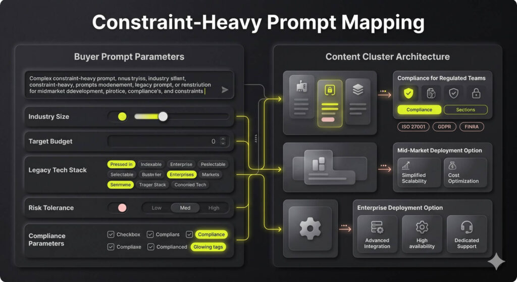 A side-by-side panel infographic mapping complex buyer prompt parameters directly to dedicated content cluster architecture segments.