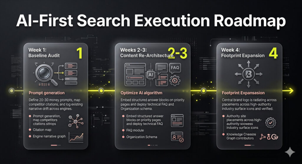 A horizontal chronological roadmap infographic detailing the four-week execution timeline to implement an AI-first B2B search visibility program.