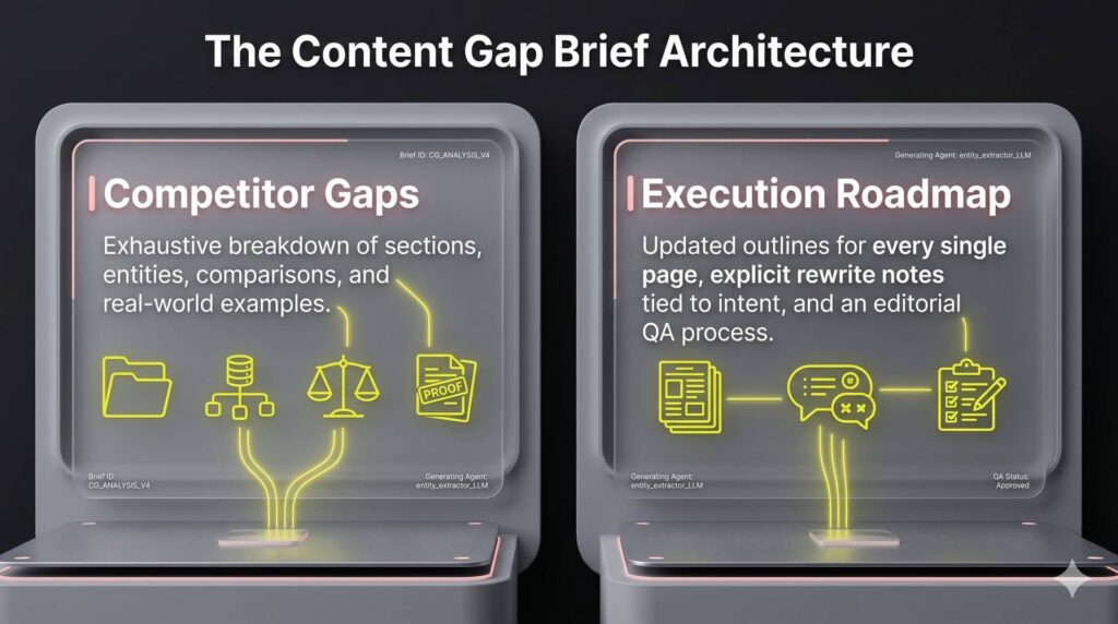 A two-column split infographic outlining the structural requirements of a content gap brief, separating competitor gaps from execution roadmap steps.