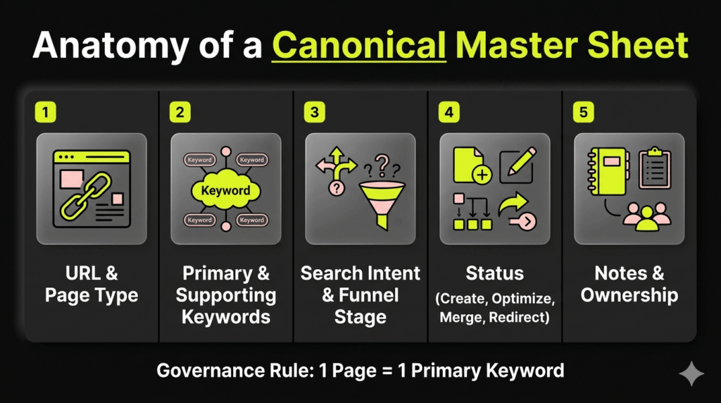 A horizontal infographic flow mapping out five core columns of a canonical SEO master sheet using clean rectangular blocks and minimalist icons on a dark background.