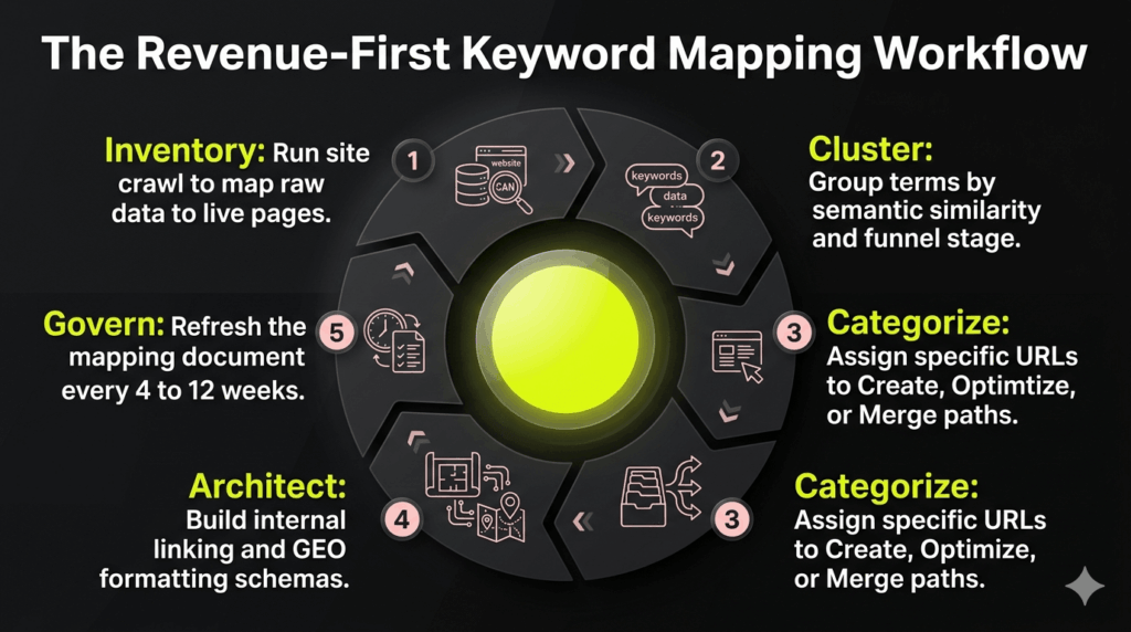 A five-step circular loop diagram detailing the complete enterprise lifecycle workflow for executing and maintaining a revenue-first keyword map.