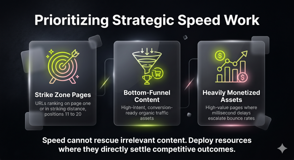 A horizontal three-part card infographic outlining the three highest-value page targets for page speed optimization on a dark background.