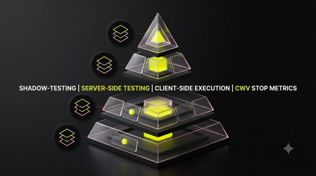 A professional four-tiered minimalist pyramid diagram illustrating the engineering hierarchy for client-side and server-side Core Web Vitals testing optimization.