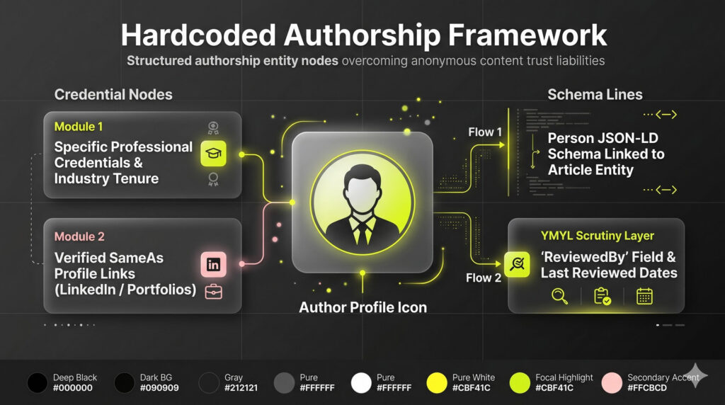 An architectural schema flow chart detailing the machine-readable node elements required to verify author identity and editorial review.