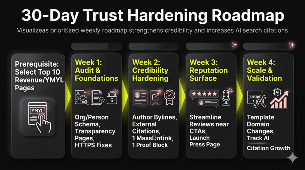 Timeline chart illustrating the weekly workflow stages of a 30-day technical SEO trust signal implementation roadmap.
