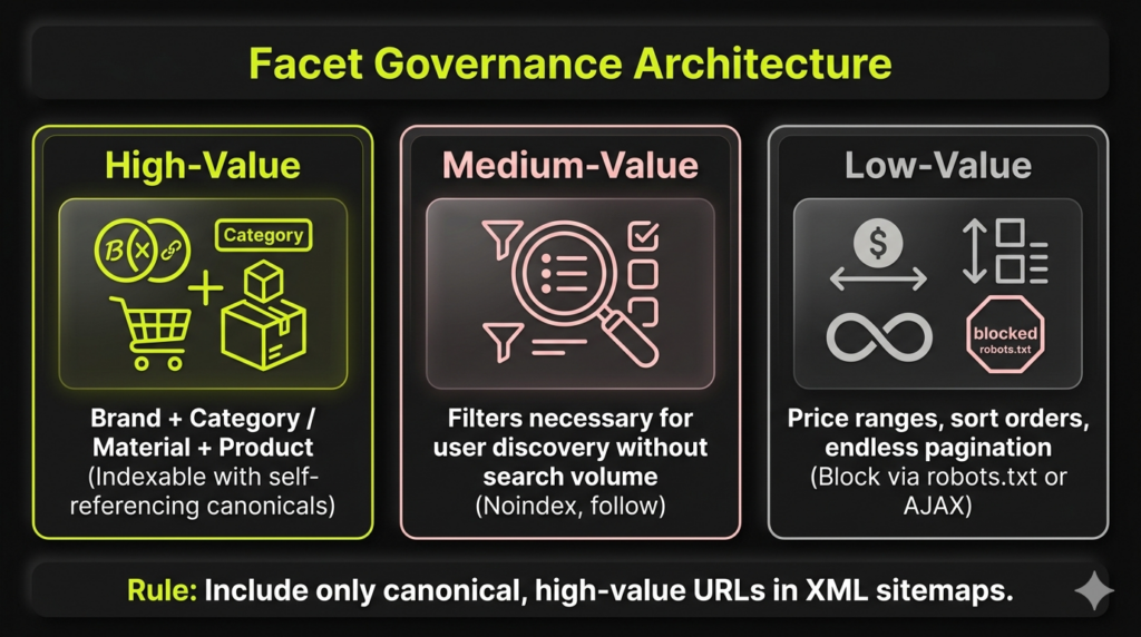 A horizontal infographic flow mapping out three distinct categories of facet governance using clean rectangular blocks and minimalist icons on a dark background.