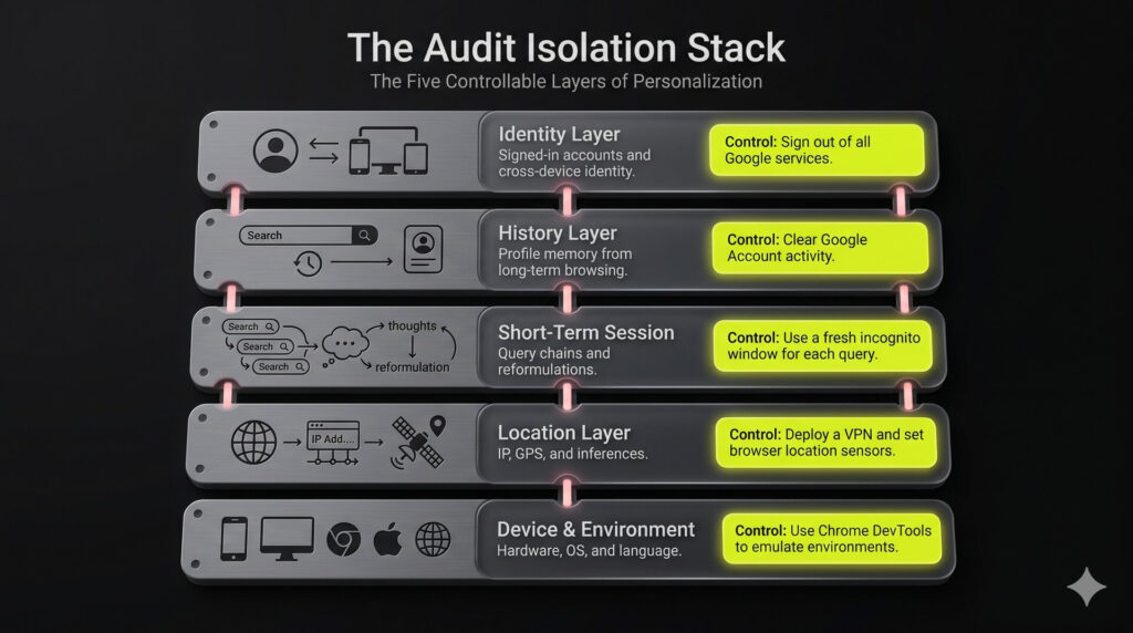 A vertical five-tier structural stack diagram illustrating how to isolate and control the identity, history, session, location, and device layers for SEO testing.