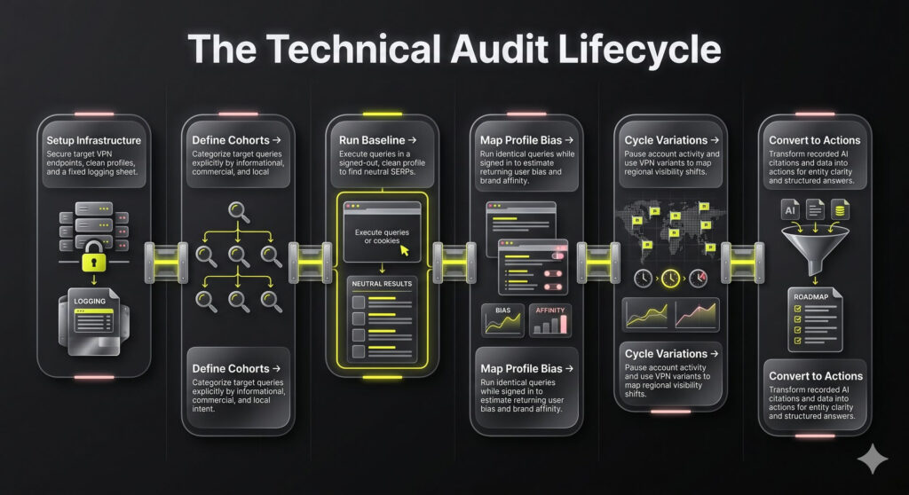 A chronological six-step horizontal timeline diagram detailing the technical workflow for executing a personalization-proof search audit.